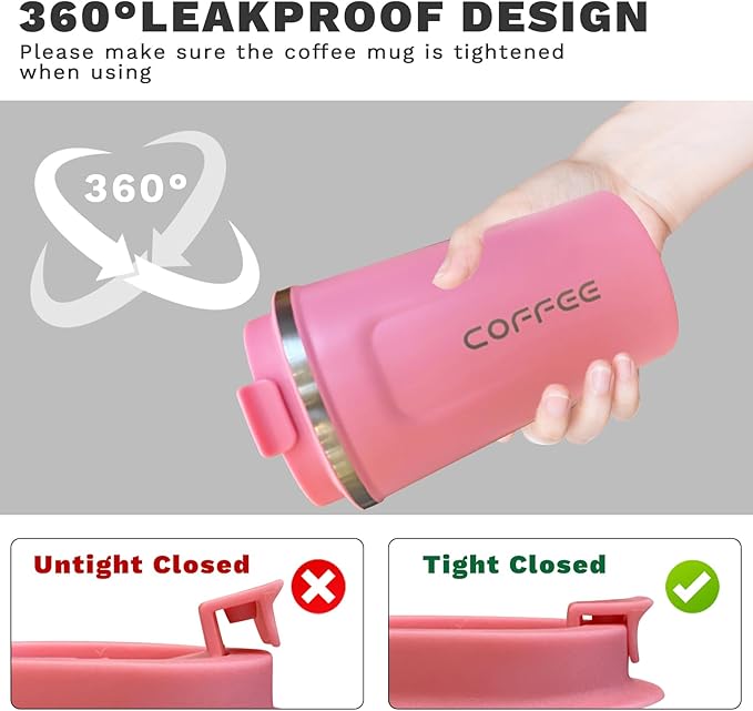 YINBAOGE Insulated Travel Coffee Mug, Spill & Leak Proof, Portable To Go Camping Stainless Steel Coffee Tumbler, Reusable Thermal Coffee Cup with Lid for Hot & Cold Drinks (2nd-Pink, 17 OZ)