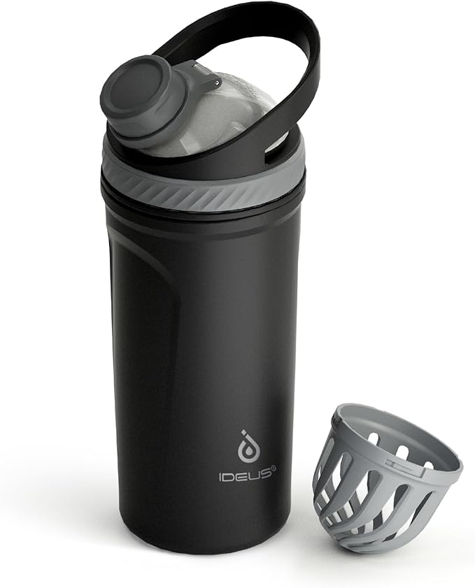 Ideus Protein Shaker Bottle 24oz(710ml) Insulated Stainless Steel Shaker Bottle with Silent Tritan Ball Portable Pre Workout Shaker Cups for Protein Shakes, Smoothies, Cocktails, Black