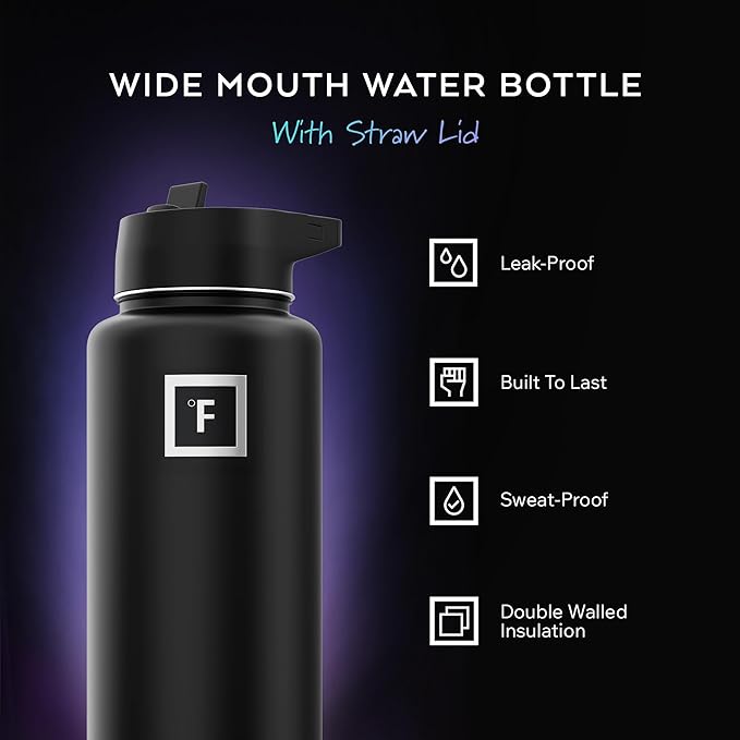 IRON °FLASK Camping & Hiking Hydration Flask with Straw, Wide Mouth Insulated Stainless Steel Sports Water Bottle - 32 oz Blue Waves