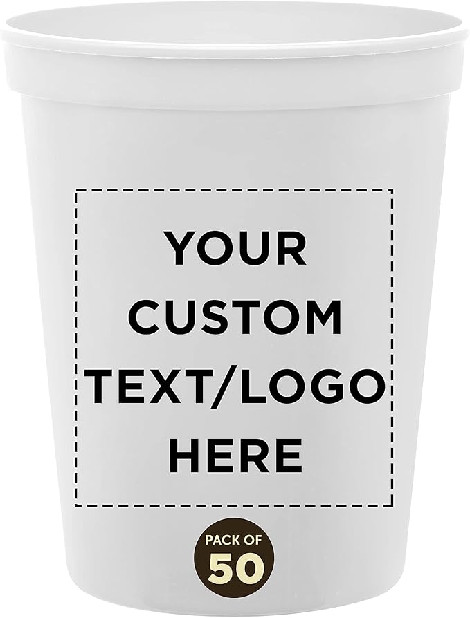 DISCOUNT PROMOS Custom Plastic Stadium Cups 16 oz. Set of 50, Personalized Bulk Pack - Perfect for Birthdays, Weddings, Picnic, Beach, Parties - White