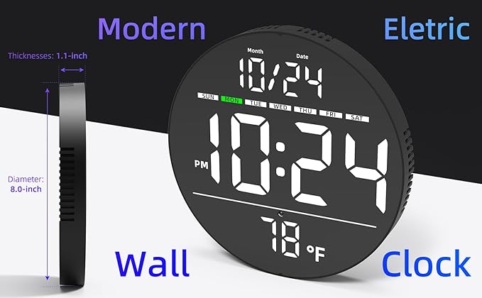 Digital Wall Clock with Large LED Display, Temperature, Auto-Brightness | Small - Image 2