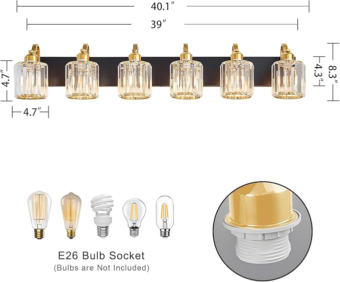 Modern Bathroom Vanity Light 6-Lights Black Gold Crystal Wall Light Fixture - Image 3