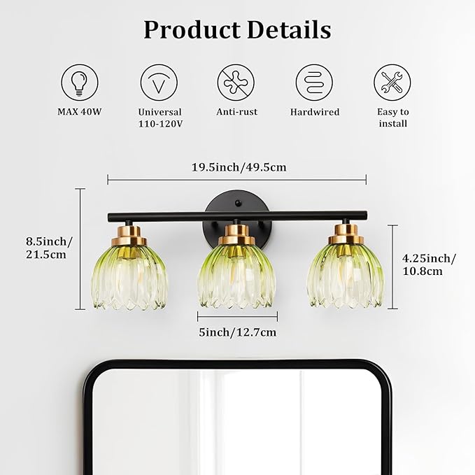 TALOYA Bathroom Vanity Light Fixtures, 3-Light Modern Black and Gold Wall - Image 2