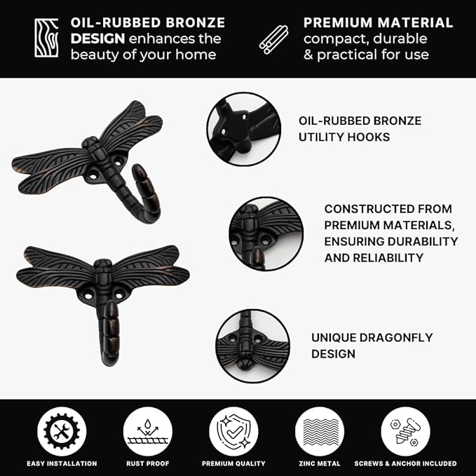 6 pcs Oil Rubbed Bronze Dragonfly Decorative Wall Hooks - Image 5