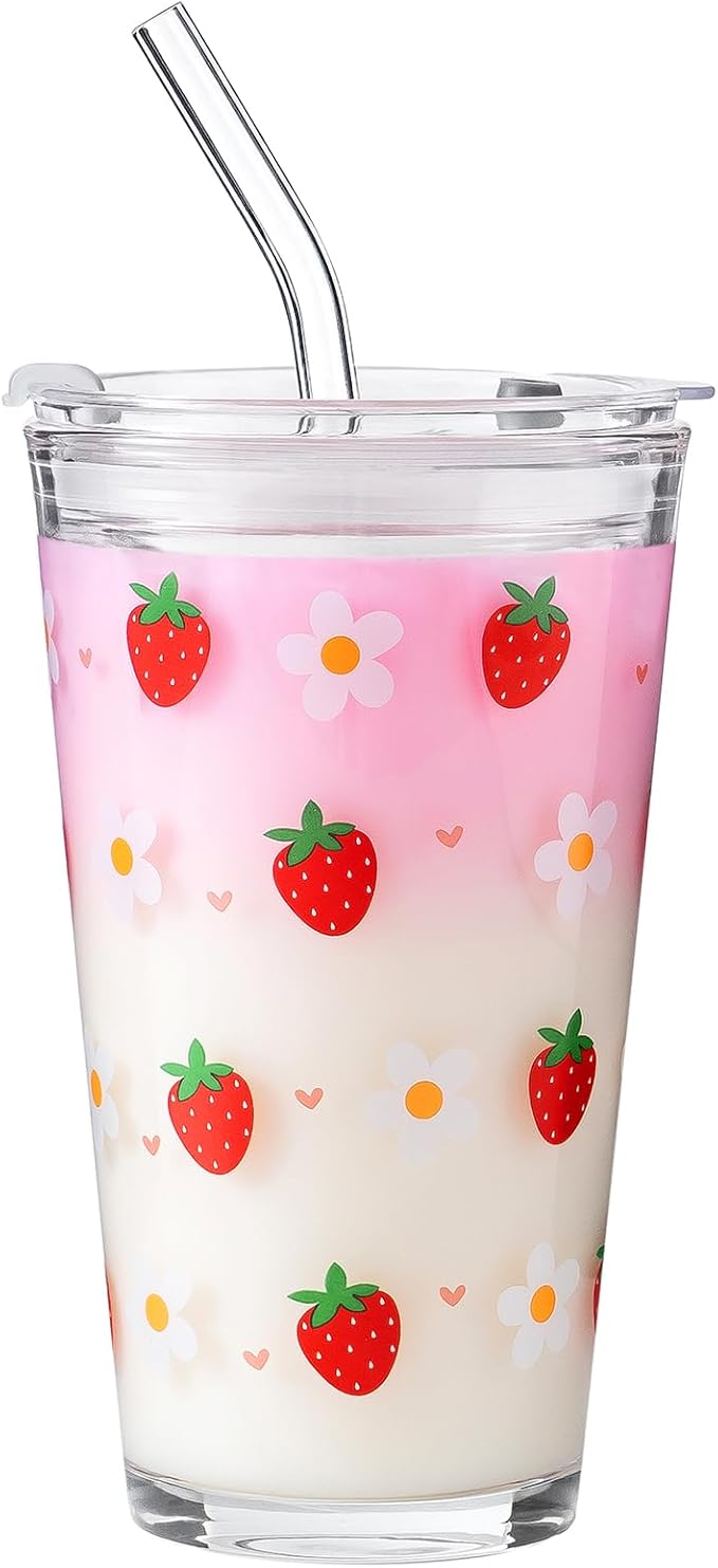 15oz Glass Tumbler with Glass Straw and Lid, Cute Iced Coffee Cups, Aesthetic Glass Cups, Coffee Tumbler, Water Cup, Matcha Cup, Drinking Glasses (Strawberry)