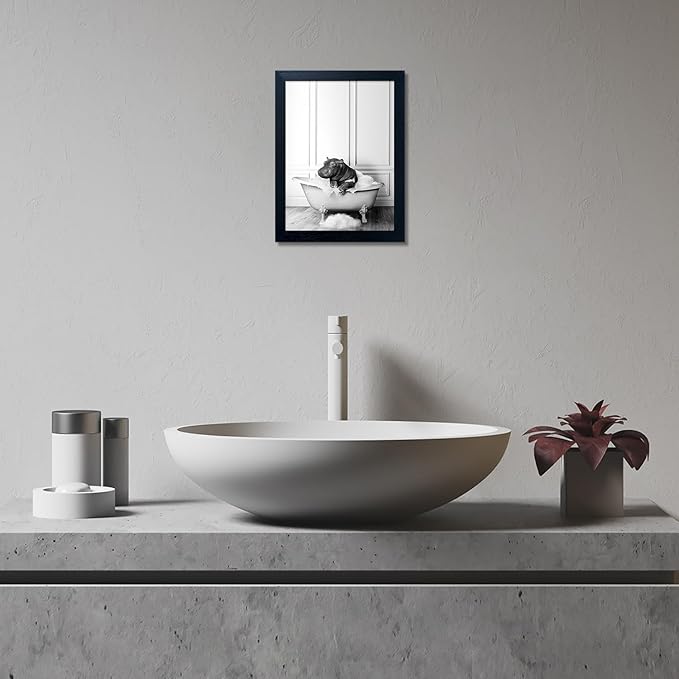 Framed Bathroom Decor Wall Art Black and White Canvas Print Cute Hippo in - Image 6