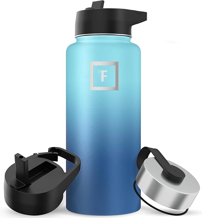 IRON °FLASK Camping & Hiking Hydration Flask with Straw, Wide Mouth Insulated Stainless Steel Sports Water Bottle - 32 oz Blue Waves