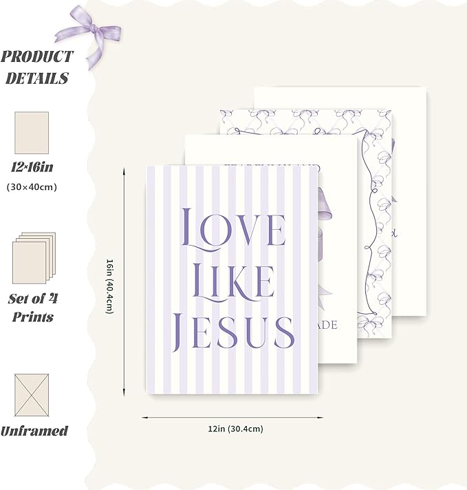 LARTSFRO Coquette Purple Bow Jesus Wall Art Decor Posters, Inspirational Bible - Image 2