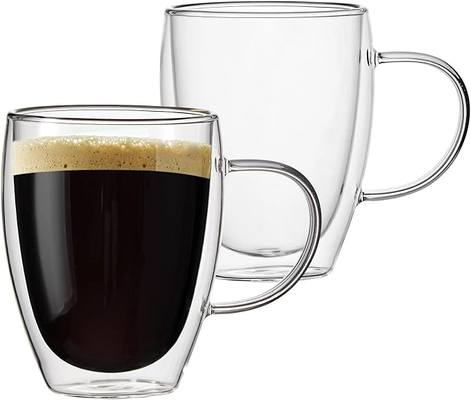 12 Oz Double Walled Glass Coffee Mugs with Handle, Insulated Layer Coffee Cups, Clear Borosilicate Glass Mugs - Gift for Cappuccino,Tea,Latte,Espresso,Hot Beverage,Cold Drinks, Set of 2