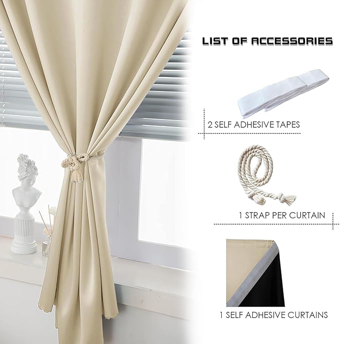 AJAZZ 100% Blackout Curtains for Bedroom Self Adhesive Curtains Temporary - Image 5