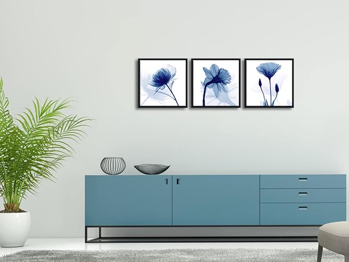Wieco Art Framed Blue Abstract Flowers 3 Panels Canvas Prints Wall Art Modern - Image 4