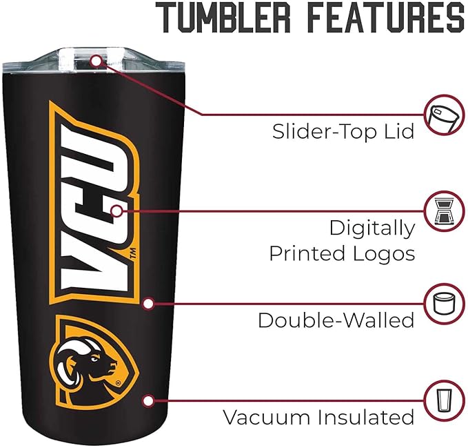 Campus Colors NCAA Stainless Steel Tumbler perfect for Gameday - 18 oz - Double Walled - Keeps Drinks Perfectly Insulated (VCU Rams - Black)