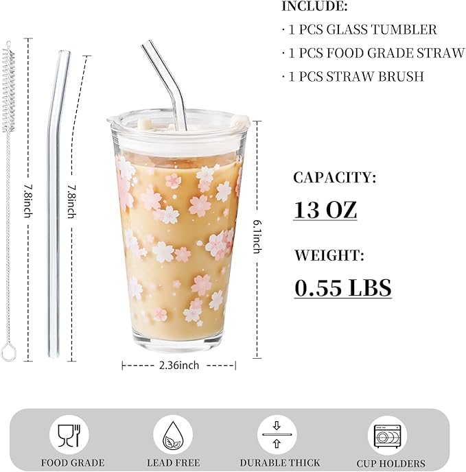 15oz Glass Tumbler with Glass Straw and Lid, Cute Iced Coffee Cups, Aesthetic Glass Cups, Coffee Tumbler, Water Cup, Matcha Cup, Drinking Glasses (Cherry blossom)