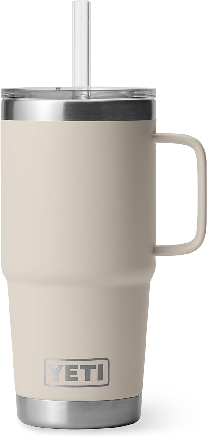 YETI Rambler 25 oz Tumbler with Handle and Straw Lid, Travel Mug Water Tumbler, Vacuum Insulated Cup with Handle, Stainless Steel, Cape Taupe