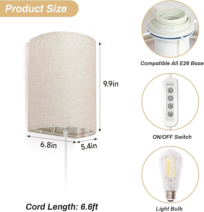 FINCMY Wall Sconce Light Plug in, Dimmable Sconces Wall Decor Set of 2 - Image 6