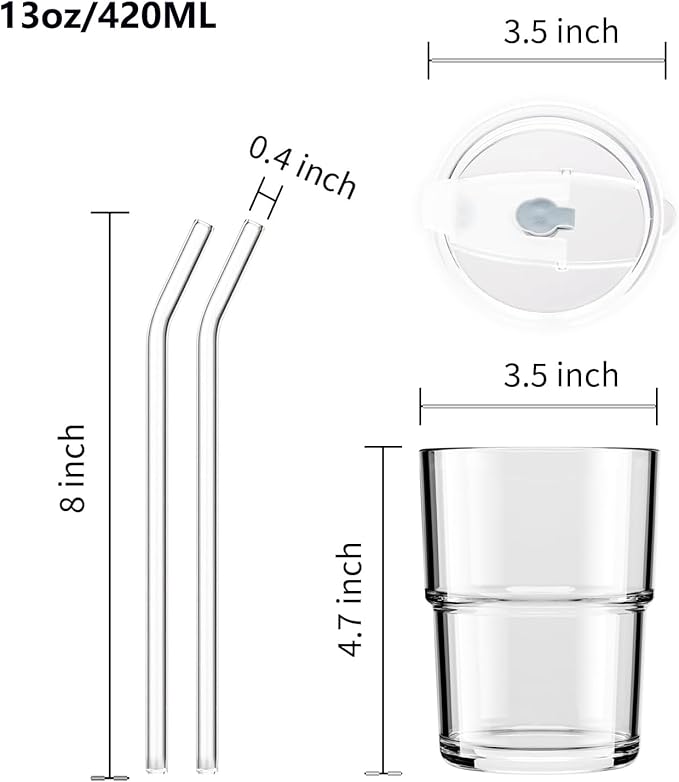 13oz Glass Coffee Tumbler with Straw and Lid, Reusable Iced Coffee Cups, Matcha Smoothies Cup, Thick Wall Seal Drinking Glassware Water Cups,Suit for Car Cup Holder (Amber-2pack)