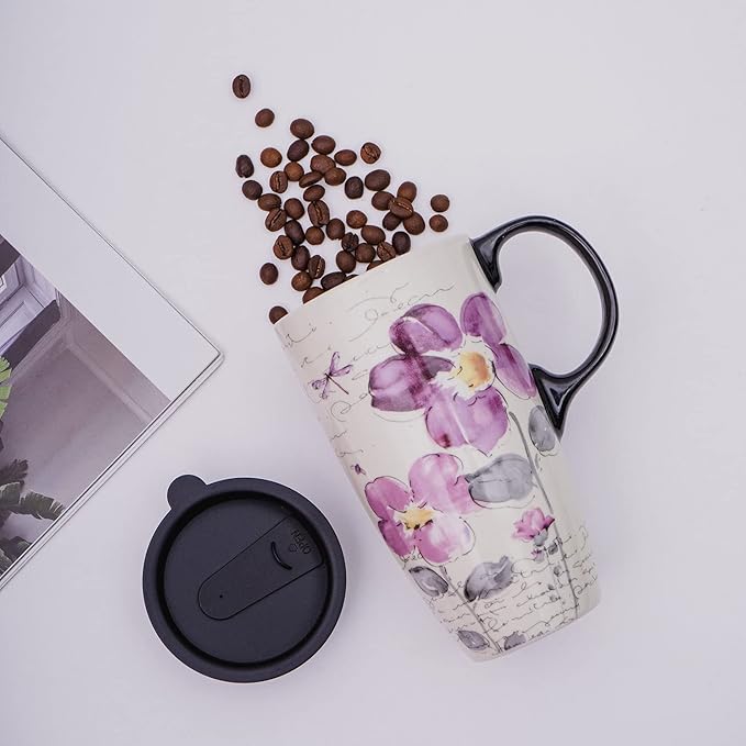 Topadorn Christmas Ceramic Mug Coffee Mugs with Lid and Gift Box for Holiday Party Latte Mug, 17oz. Purple Flower
