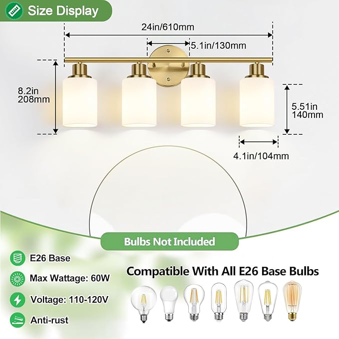 Zarbitta 4-Light Bathroom Light Fixtures, Brushed Gold Modern Vanity Lights - Image 9