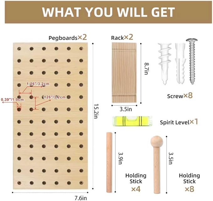 2 Pack Beige Wooden Pegboard, Modular Wall Organizer Storage Shelf - Image 4