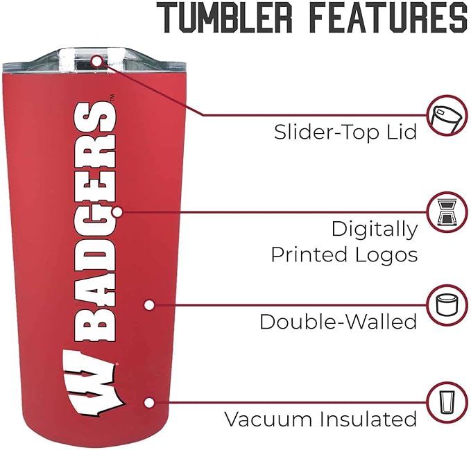 Campus Colors NCAA Stainless Steel Tumbler perfect for Gameday - 18 oz - Double Walled - Keeps Drinks Perfectly Insulated (Wisconsin Badgers - Red)