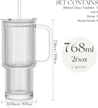 KEMORELA Large 26oz Clear Glass Mug with Handle and Sliding Lid – Aesthetic Ribbed Tumbler for Iced Coffee, Smoothies & Hot Drinks – Reusable Travel Cup with Straw, Dishwasher Safe (Ribbed Tumbler)