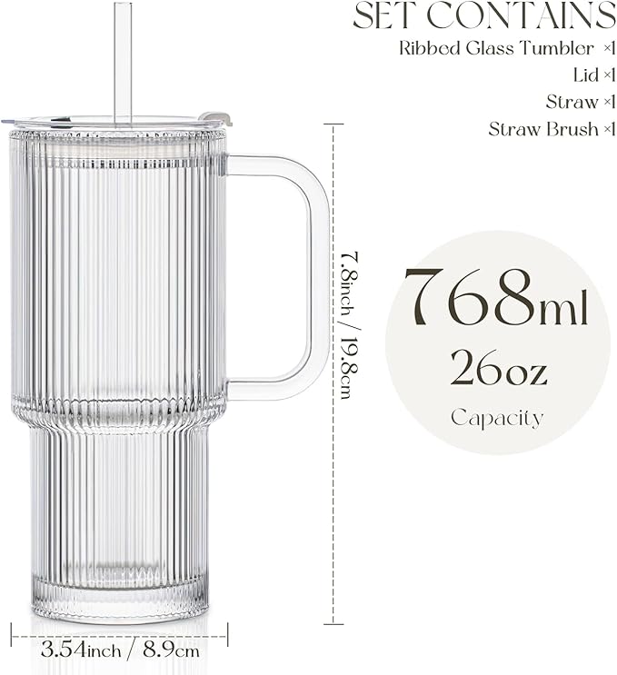 KEMORELA Large 26oz Clear Glass Mug with Handle and Sliding Lid – Aesthetic Ribbed Tumbler for Iced Coffee, Smoothies & Hot Drinks – Reusable Travel Cup with Straw, Dishwasher Safe (Ribbed Tumbler)