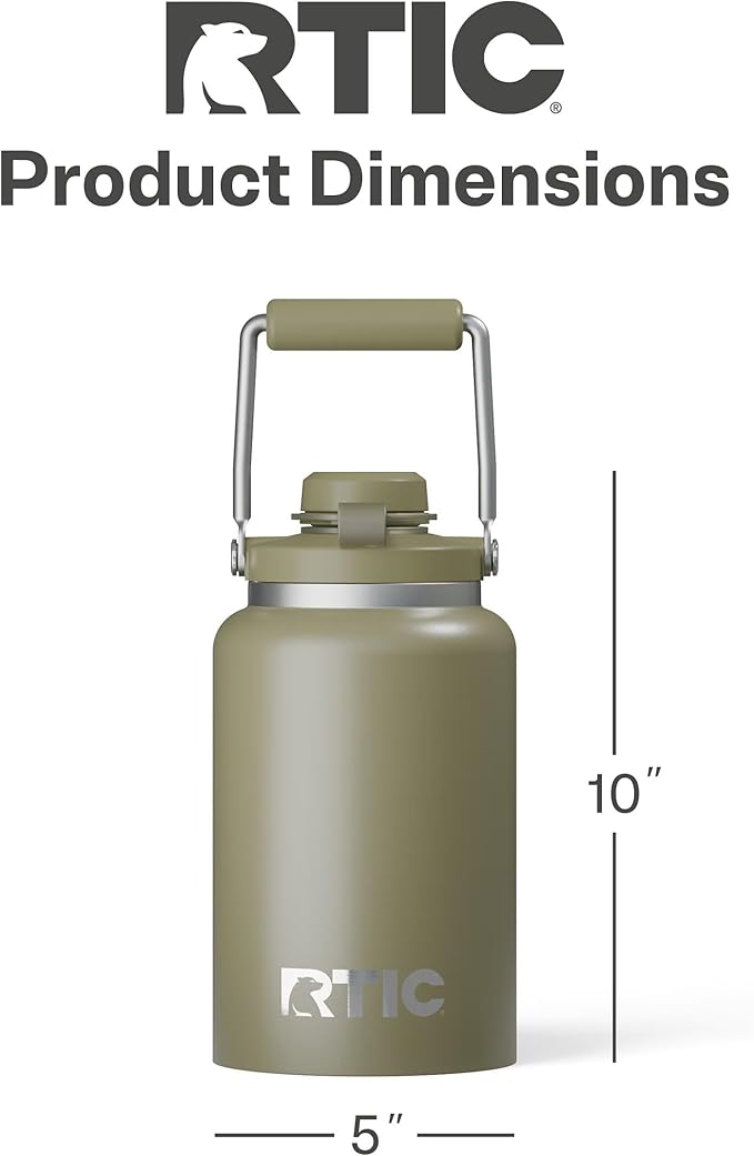 RTIC Half Gallon Outback Jug, Stainless Steel, Ceramic Lined Insulated Water Bottle with Lid and Handle, BPA-Free, Double Wall Vacuum Insulation, Olive