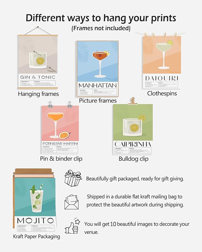 KBKBART Vintage Cocktail Poster Set of 10, Retro Bar Cart Accessories, Colorful - Image 3