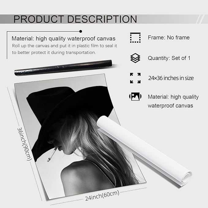 FuSatisYilife Trendy Black And White Wall Art Cool Western Woman Smoking Prints - Image 2