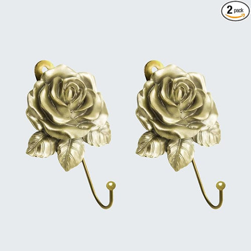 2Pcs Gold Flower Wall Hooks, Cute Decorative Coat Hooks, Vintage Resin Rose by MDPLY