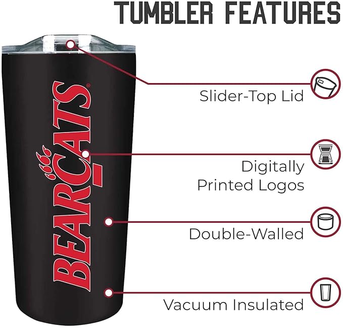 Campus Colors NCAA Stainless Steel Tumbler perfect for Gameday - 18 oz - Double Walled - Keeps Drinks Perfectly Insulated (Cincinnati Bearcats - Black)