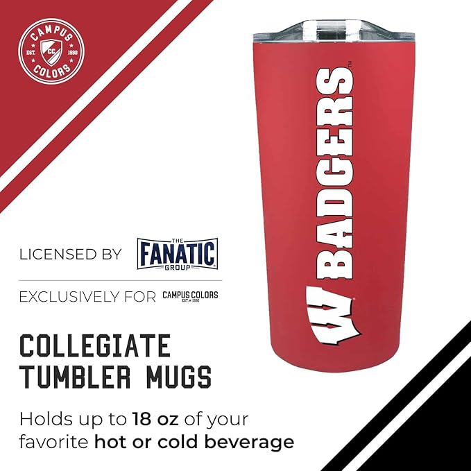 Campus Colors NCAA Stainless Steel Tumbler perfect for Gameday - 18 oz - Double Walled - Keeps Drinks Perfectly Insulated (Wisconsin Badgers - Red)