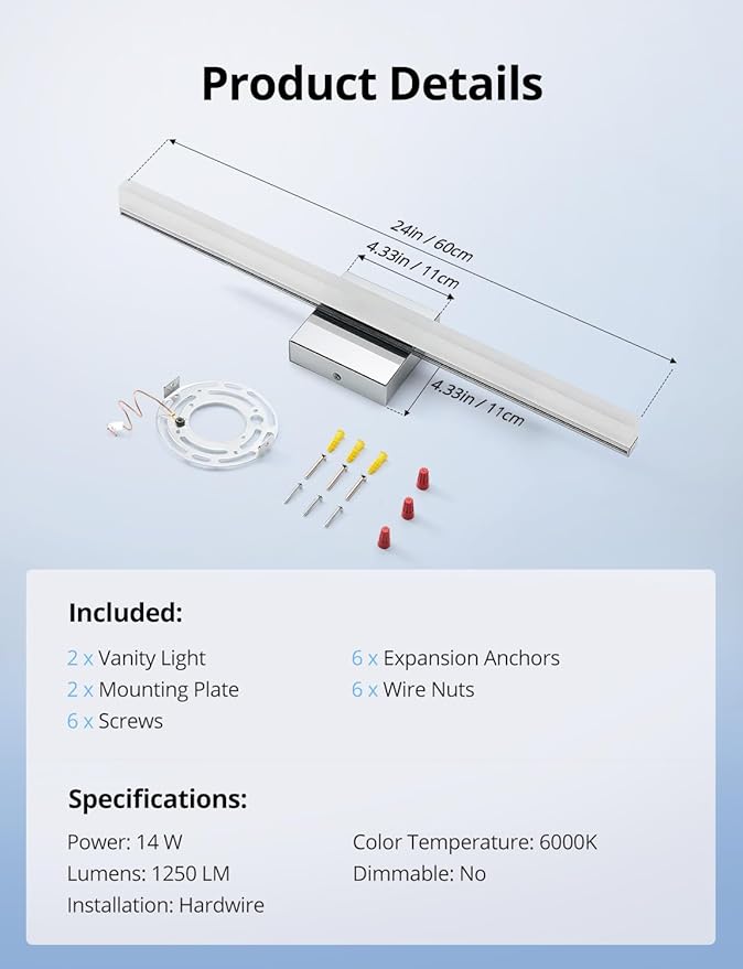 Combuh 2 Pack LED Vanity Lights Bar 24 Inch Bathroom Light Fixtures 14W IP44 - Image 9