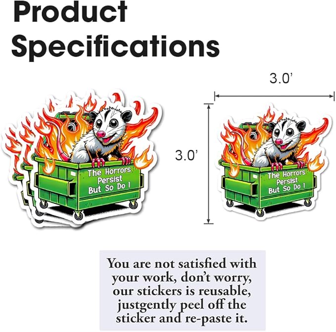 The Horrors Persist But So Do I Sticker 3Pcs Funny Opossum Possum Sarcastic Sticker Vinyl Waterproof Decals for Notebook, Tumbler, Laptop and Water Bottle (Opossum Horrors)
