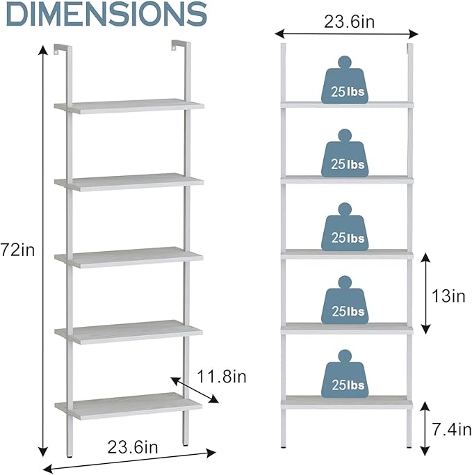 aboxoo Ladder Shelf 2 PCS White Bookshelf 5-Tier Wooden Open Shelf Wall-Mounted - Image 3