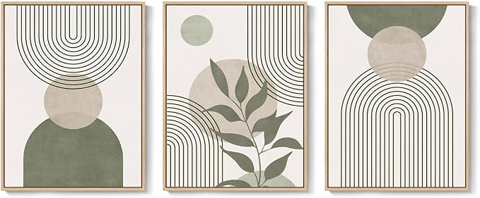 Framed Sage Green Boho Wall Art Bedroom, 3 Piece Beige Bohemian Canvas - Image 9