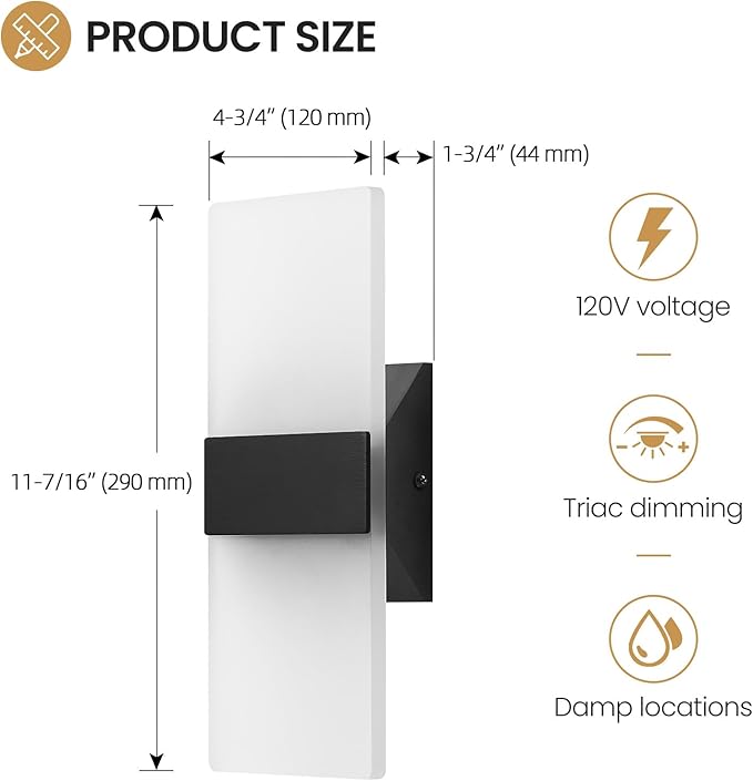 Modern LED Wall Sconces Set of Two, 12 Inch Indoor Dimmable Black Wall Lights - Image 6