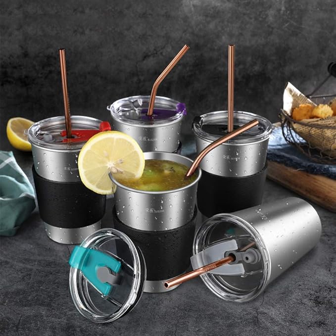 Hiware 12-Pack Rose Gold Metal Straws Reusable with Case - Stainless Steel Drinking Straws for 30oz and 20oz Tumblers Dishwasher Safe, 2 Brushes Included