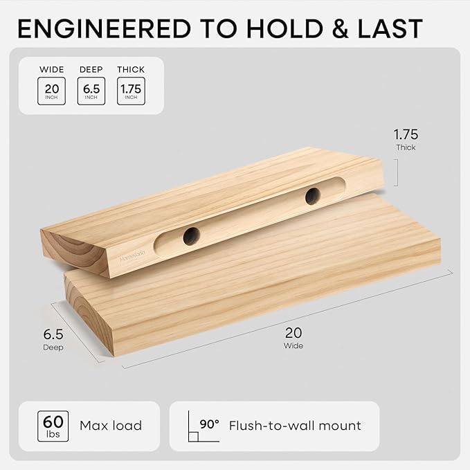 Homeforia 20 inch Natural Floating Shelf, High End Solid Real Wood 20inch Small - Image 2