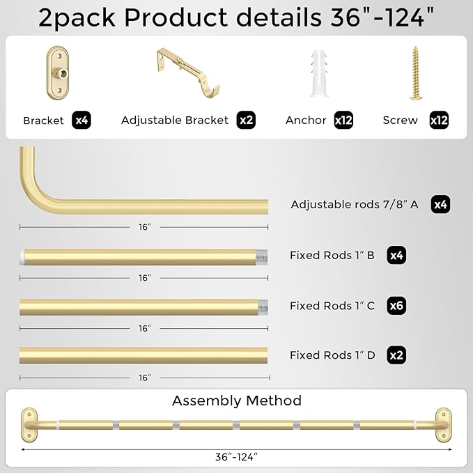2 Pack Curtain Rods 36-120 Inch, Living Room, Sliding Door - Image 7