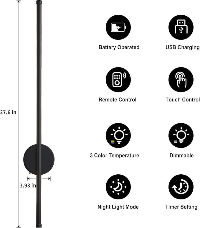 Battery Operated Modern Wall Sconces, Dimmable Wireless Wall Light Set of Two - Image 5