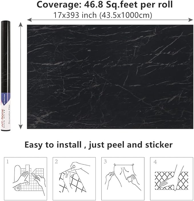 Arthome Black Marble, 17x393 Inches Peel and Stick Wallpaper, Marble Contact - Image 7
