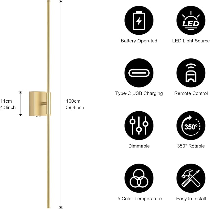 Battery Operated Wall Sconce, 3000K-6000K Dimmable Gold Wall Lights - Image 5