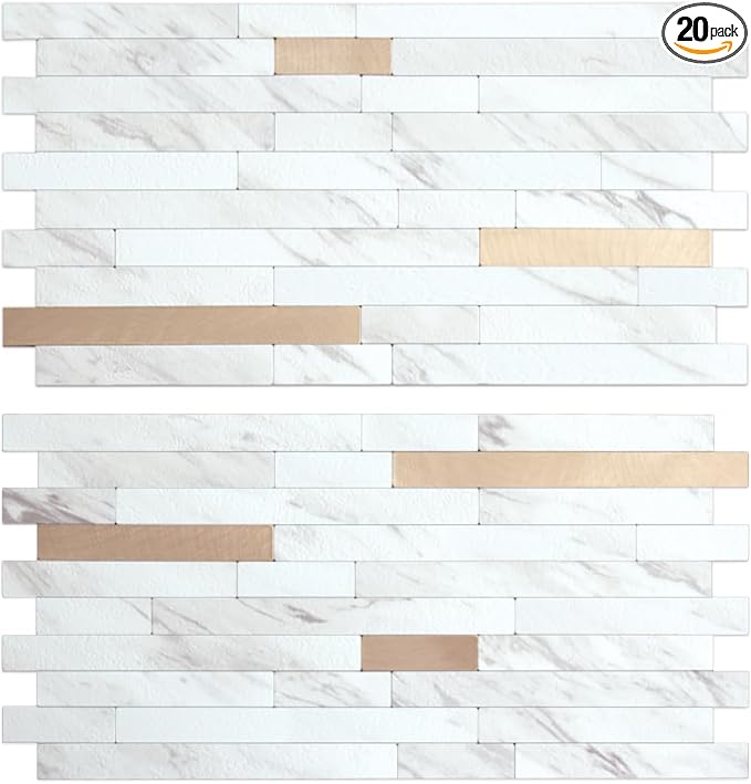 AULIGET 20 Sheets Faux Stone White Marble Peel and Stick Backsplash, PVC Mixed by AULIGET