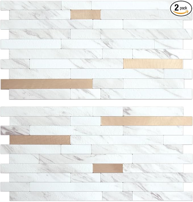 AULIGET 2 Sheets Faux Stone White Marble Peel and Stick Backsplash, PVC Mixed by AULIGET