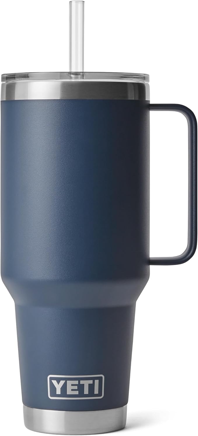 YETI Rambler 42 oz Tumbler with Handle and Straw Lid, Travel Mug Water Tumbler, Vacuum Insulated Cup with Handle, Stainless Steel, Navy