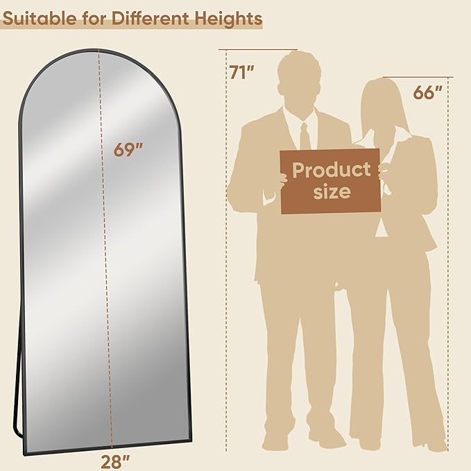 69"x28" Full Length Mirror, Arched Full Body Mirror, Standing Hanging or - Image 4