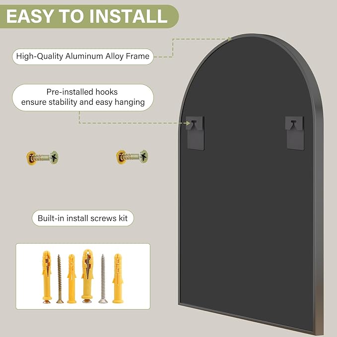 XRAMFY 24"x36" Black Arched Bathroom Mirror - Image 3