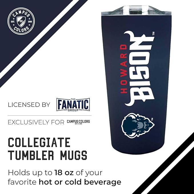 Campus Colors NCAA Stainless Steel Tumbler perfect for Gameday - 18 oz - Double Walled - Keeps Drinks Perfectly Insulated (Howard University - Navy)