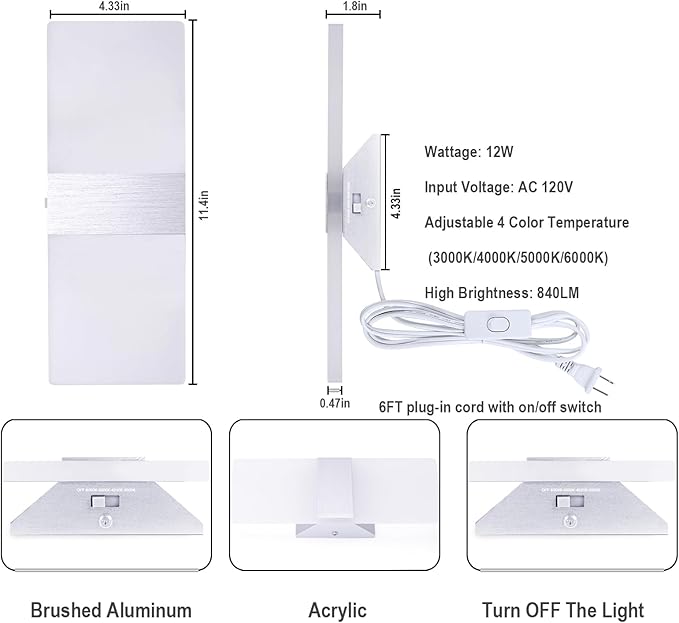 TRLIFE Modern Wall Sconce, Adjustable 4 Color Temperature LED Wall Sconce Plug - Image 3